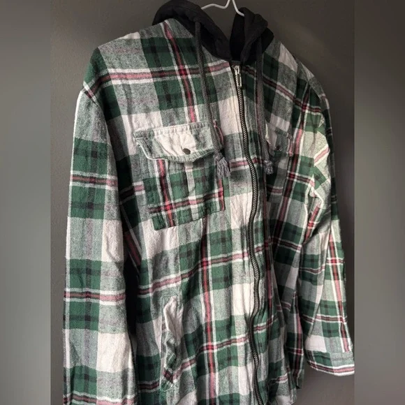 Kismet size xs Green Plaid Zip-Up Sweater Jacket gray hood fall campfire vibes - Picture 4 of 9
